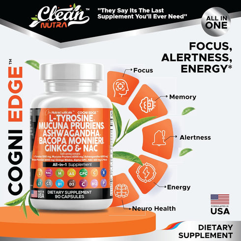 Clean Nutraceuticals L Tyrosine 1000mg Mucuna Pruriens 6000mg Bacopa Monnieri 500mg Ashwagandha 4000mg Focus Supplement w/N-Acetyl Cysteine 600mg NAC 5-HTP Ginkgo Biloba Alpha GPC Vitamin C D B1 B12