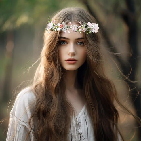 Rose Flower Crown Boho Headband, Floral Halo Headpiece with Ribbon for Wedding Party, Pink