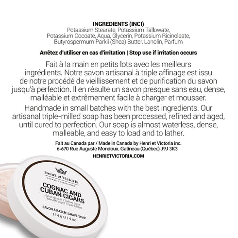 Shaving Soap For Men | Cognac and Cuban Cigars Fragrance | Smooth Shave, Long-Lasting Scent, Triple Milled Soap, 114 g