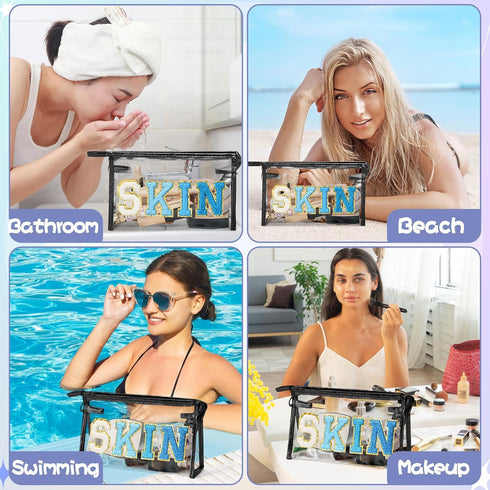Preppy Patch Cosmetic Bag for Women & Girls, Classy Waterproof Clear PVC, Multi-Function Zippered Pouch, Blue