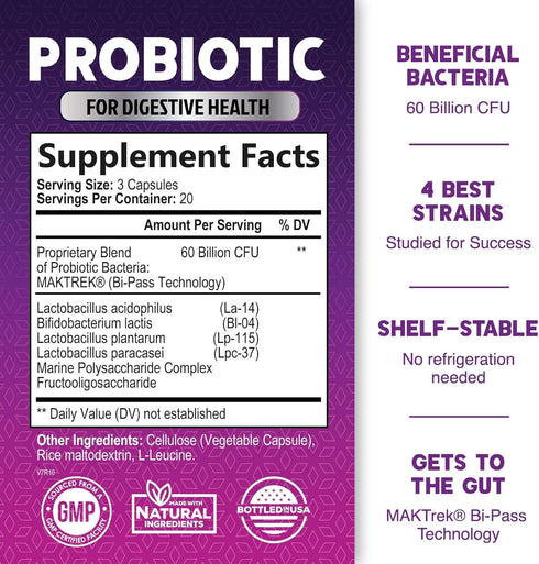 Probiotics, 60 Billion CFU per Serving, Probiotic with Prebiotics for Digestive & Immune Health Support for Women & Men - Nature's Supplement is Shelf Stable, Soy, Dairy & Gluten Free - 60 Capsules