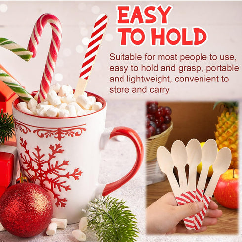 100 Pieces Christmas Disposable Wooden Spoons, 5.5'' Red White Stripe Pattern for Hot Chocolate, Cake, Ice Cream