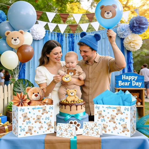 Peconal 1st 2nd Bear Baby Shower Birthday Gift Bag Large Blue Bear Baby Gift Bag with Handles Tissue Paper Greeting