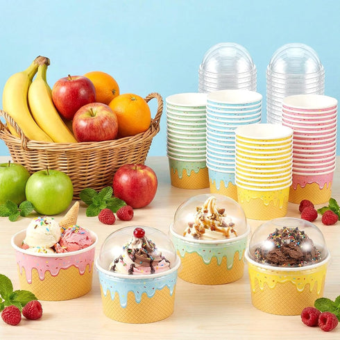 Jingmore 100 Count (8 oz) Paper Ice Cream Cups with Clear Dome Lids Disposable Dessert Cups Bulk Dessert Bowls Sundae