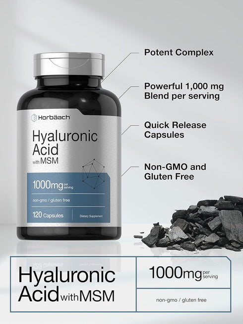 Horbaach Hyaluronic Acid with MSM 1000 mg | 120 Capsules | Non-GMO, Gluten Free, Bioavailable Formula