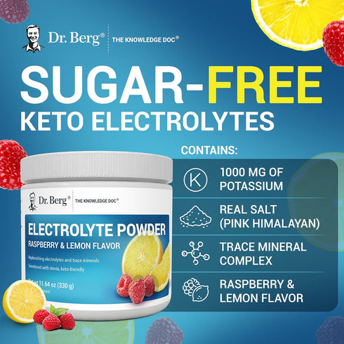 Dr. Berg Zero Sugar Hydration Keto Electrolyte Powder - Raspberry & Lemon Flavor - 50 Servings - 1000 mg Potassium &