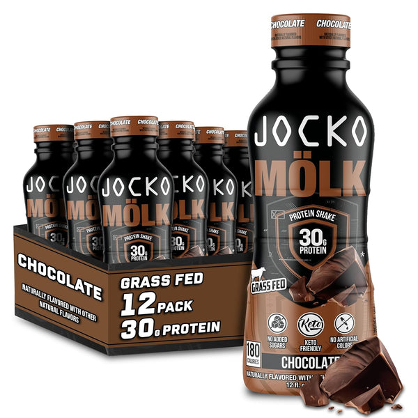 Jocko Moelk 30g Grass Fed Protein Shakes, Chocolate, 12 FL Oz, KETO Friendly, No Added Sugar