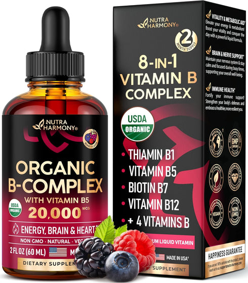 USDA Organic Vitamin B-Complex Liquid Drops, 2 fl. oz - B5, B12, B1, B6, B7, B9, B3