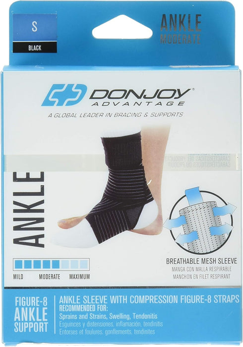 DonJoy DA161AV03-BLK-S Ankle Sleeve with Figure 8 Strap for Sprain, Strain, Lateral Support, Open Heel, Black, Small fits 7.75", 8.5"
