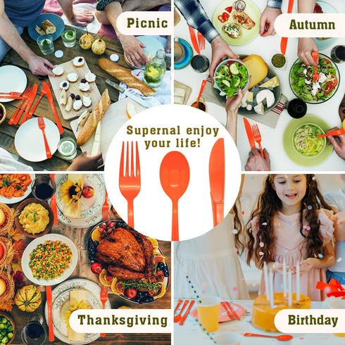 150 Pack Orange Plastic Silverware - Heavy Duty Cutlery with 50 Forks, 50 Spoons, 50 Knives for Parties