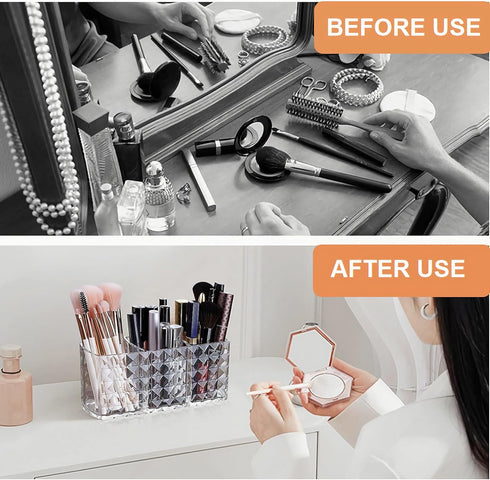 KNC 3 Compartment Acrylic Cosmetic Brushes Storage, Makeup Brush Holder Organizer for Bathroom Vanity and More