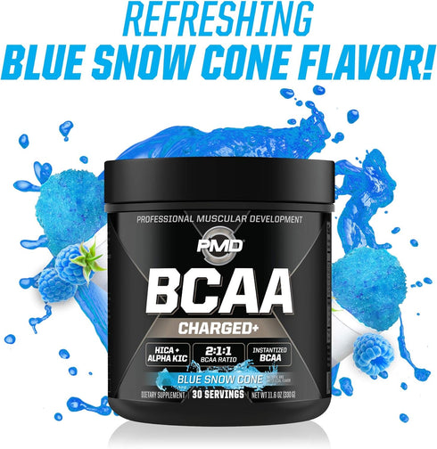 PMD Sports BCAA Charged Amino Acid Drink Mix for Performance, Recovery, Endurance - Blue Snow Cone