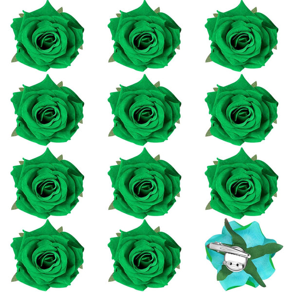 Yilloog 12 Pack Rose Hair Clip Flower, 2.8'' Floral Hairpins for Women, Wedding Pack Hair Accessories (Green)