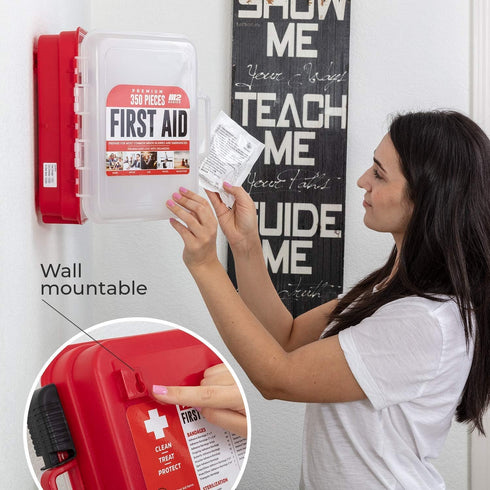 M2 BASICS 350 Piece Professional Emergency First Aid Kit | Hard Case, Dual Layer, Wall Mountable for Home, Office,