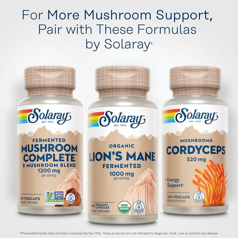 SOLARAY Organic Lions Mane Supplement Capsules - 1000 mg Lion's Mane Organic Mushrooms, 60 VegCaps, Vegan, 30 Servings