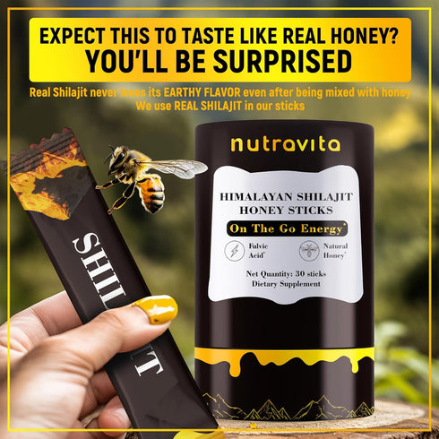 Nutravita 30 Shilajit Honey Sticks- Sticks Himalayan Shilajit Honey Sticks Organic Honey & Saffron for Energy,Strength