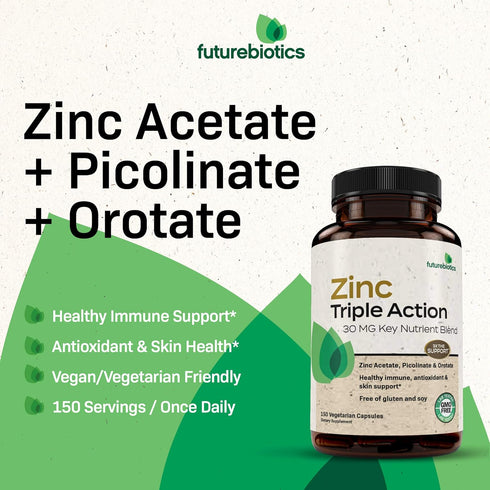 Futurebiotics Zinc Supplement 30mg Triple Action Blend - 150 Vegetarian Capsules for Immune & Skin Health