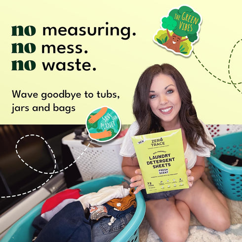 Zero Trace All Natural Laundry Detergent Sheets, Eco Friendly, Fresh Scent, 72 Loads, 36 Sheets