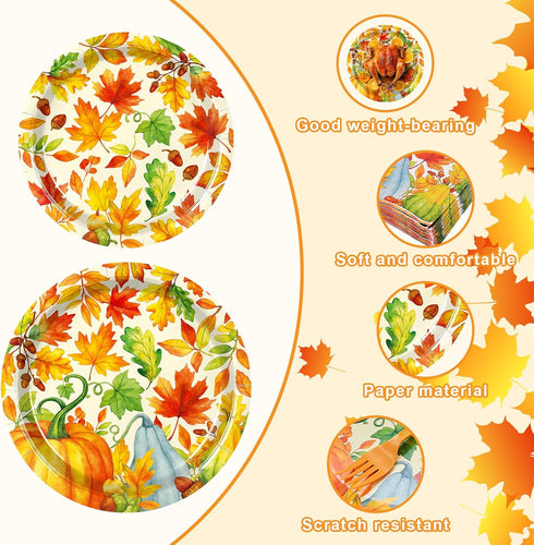 Temicle 96 Set 24 Pieces Fall Thanksgiving Tableware Pumpkin and Autumn Leaves Disposable Plates, Napkins, and Forks