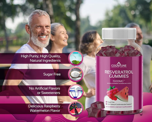 Resveratrol Gummies - Sugar Free Natural Raspberry Watermelon Flavor, 1500mg for Heart and Immune Support