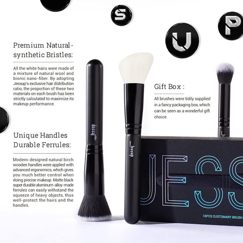 Jessup 10pcs Makeup Brush Set, Professional Black Brushes with Natural Synthetic Hair for Foundation, Blending, Blush,