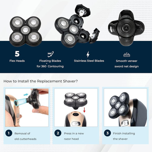 Shaver Replacement Blades, Compatible with Flex Series Electric Razor, 5 Blades Shaver Replacement Heads for Bald Men