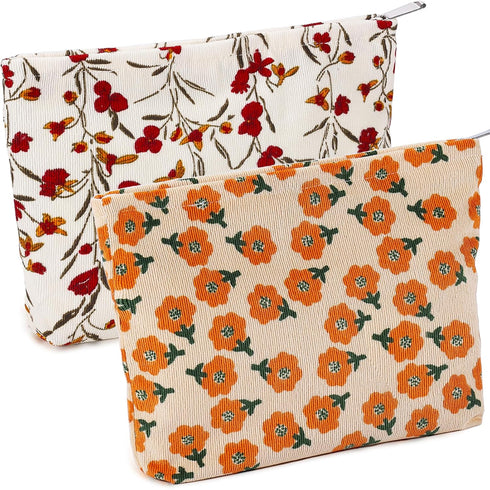 2Pcs Daisy Flower Makeup Bag, Large Floral Cosmetic Pouch Set for Women, Portable Toiletry Bag