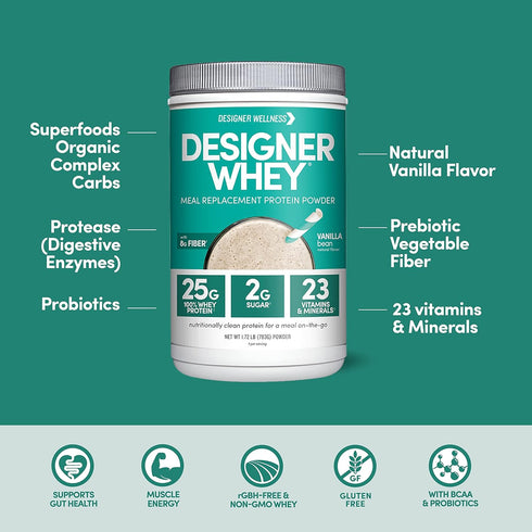 Designer Wellness Whey Protein Meal Replacement Powder, Organic Superfood Complex, Gluten-Free, Vanilla Bean, 1.72 Pound