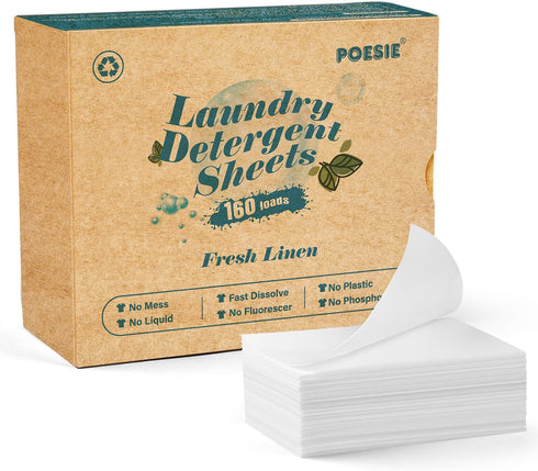 Poesie Laundry Detergent Sheets, Fresh Linen Scent, 160 Sheets, 80 Large Loads, Plastic Free