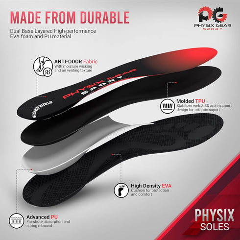 Physix Gear Orthotic Insoles for Men & Women - Arch Support Inserts for Plantar Fasciitis Comfort, Red/Black, S