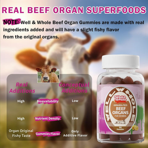 Gummies 90 Gummies Well&Whole Grass-Fed Beef Organ for Women - Liver, Kidney, Heart, Ovary & Uterus - Hormone Balance