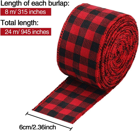 3 Rolls Buffalo Plaid Burlap Wired Ribbon, 2.4 Inches for Big Bow Wreath Decoration