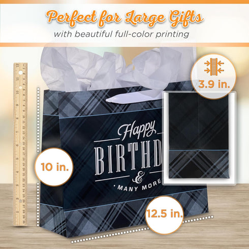 Christian Art Gifts Large Landscape Gift Bag Set with Card & Tissue Paper - Black & Navy Blue Plaid, Happy Birthday