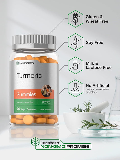 Horbaeach Turmeric Gummies | 70 Count | Vegan Non-GMO Supplement with Mango & Peach Flavor, Curcumin & Ginger