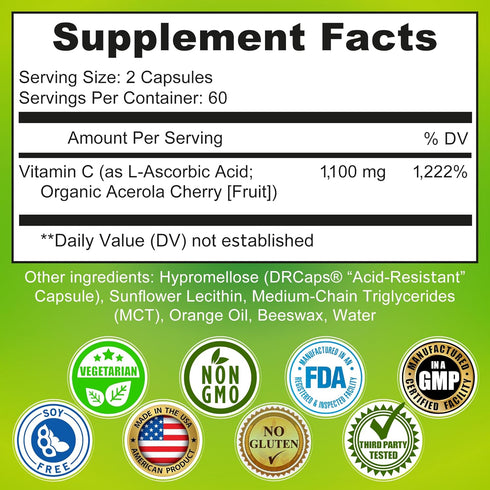Liposomal Vitamin C Liquid Gel Capsules - 1100mg, Organic Acerola Cherries, Immune Support, 120 count