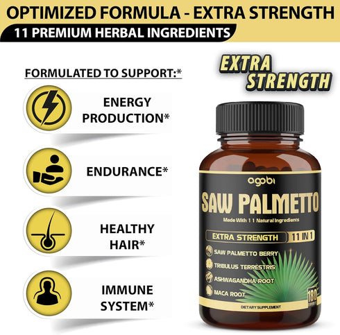 11in1 Saw Palmetto Capsules with Ashwagandha, Turmeric, Tribulus, Maca & More - 180 Count Healthy Prostate & Hair