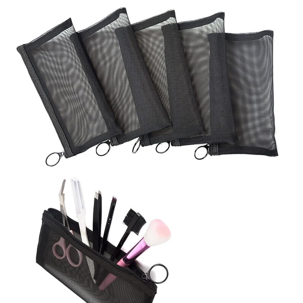 patu Zipper Mesh Bags, Long Case, 5 Pieces, Black Travel Toiletry Kit Set, Beauty Makeup Cosmetic Accessories Organizer