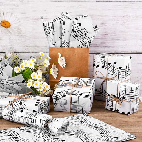 100 Sheets Musical Notes Tissue Paper, Black White Staff Pattern Gift Wrapping for Parties, 19.7 x 13.8 Inch