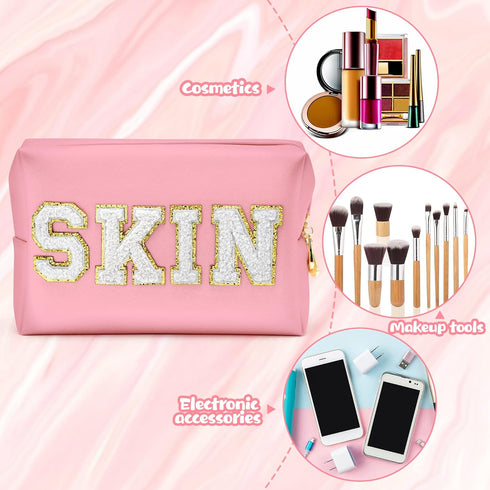 Y1tvei Preppy Patch Cosmetic Toiletry Bag, White Letter Pink, PU Leather, Portable Makeup Storage Pouch
