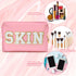 Y1tvei Preppy Patch Cosmetic Toiletry Bag, White Letter Pink, PU Leather, Portable Makeup Storage Pouch