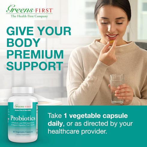 Greens First Probiotics - 20 Billion CFU with FOS Soluble Fiber, 30 Servings for Gut and Digestive Health