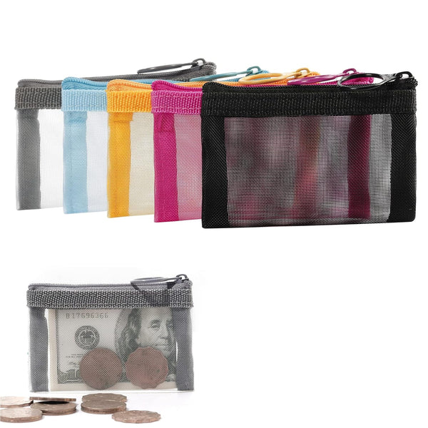 Patu Mini Zipper Mesh Bags - 3" x 4", Size XS/A8, 5 Pieces, Keychain Pouch, Coin Purse, Clear Travel Kit Organizer