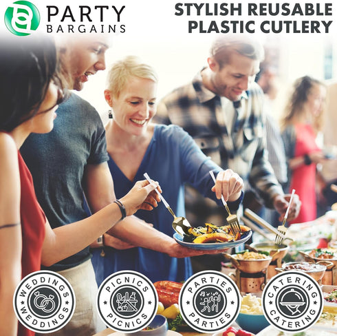 Party Bargains Disposable Plastic White Gold Cutlery Set, 40 Pack with 16 Forks, 8 Knives, 16 Spoons, Infinity Modern