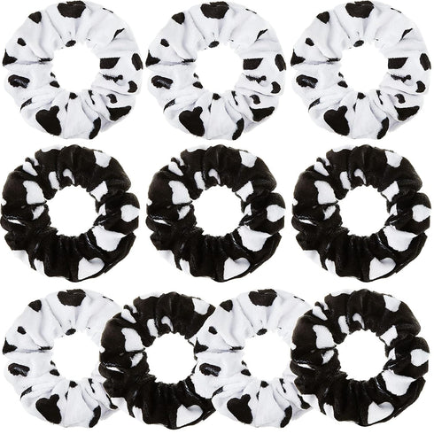 Xinnun 10 Pcs Cow Print Scrunchies, Cloth Hair Ropes for Women Girls, White and Black Hair Accessories for Cow Birthday