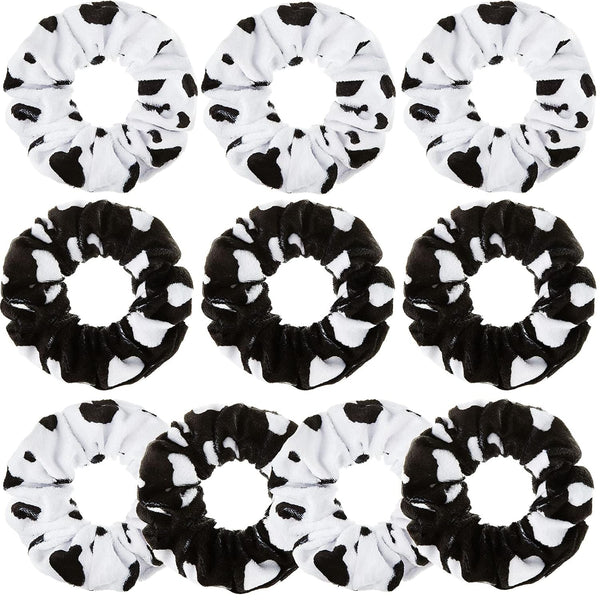Xinnun 10 Pcs Cow Print Scrunchies, Cloth Hair Ropes for Women Girls, White and Black Hair Accessories for Cow Birthday