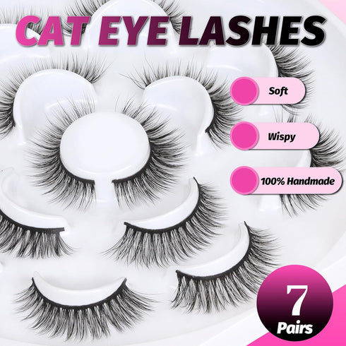 Veleasha 5D Faux Mink Cat Eye Lashes - Handmade False Eyelashes, 7 Pairs Luxurious Volume Pack (5D28)