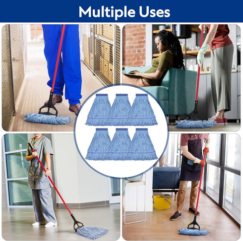 Matthew Cleaning Heavy Duty Mop Head Replacement, Blue Cotton Looped End String Head Refill, Pack of 6