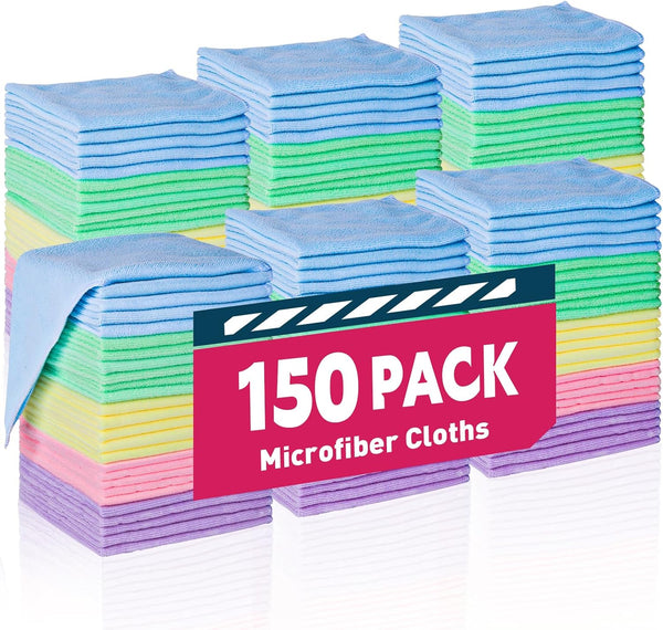 Microfiber Cleaning Cloth - 150 Pack, Reusable Lint-Free Cloth for Kitchen, Window, Floor, Car, 5-Color Assorted