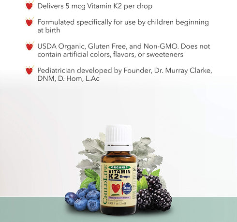 ChildLife Essentials Organic Vitamin K2 Drops - 5 mcg Liquid K2, USDA Organic, Natural Berry Flavor, 0.25 Fl Oz