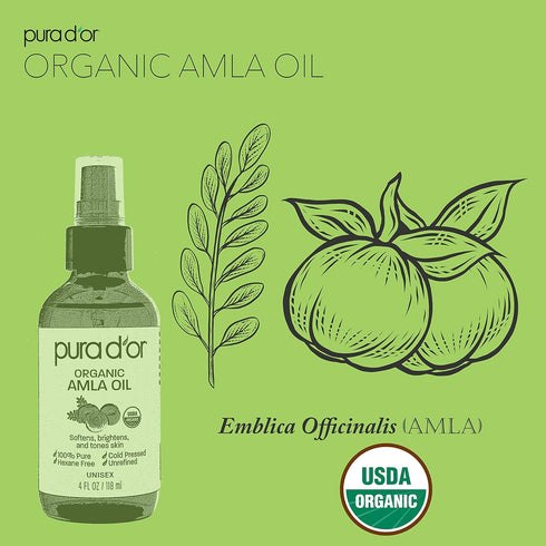 PURA D'OR 4 Oz ORGANIC Amla Oil, 100% Pure USDA Certified Premium Grade Carrier Oil, Cold Pressed, Unrefined Indian Hair Care Growth Oil, Hair Serum & Thickening Hair Products for Women & Men